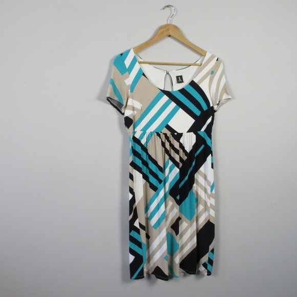 1 ONE Geometric Print Dress 44 Blue A-Line Viscose Mini Italy Casual Y2k 306 - Picture 1 of 10